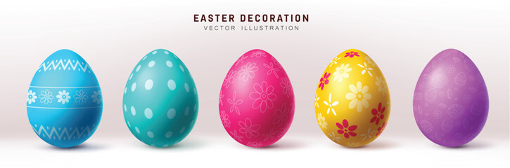 Easter eggs colorful vector set design. Easter eggs colorful decoration with cute pattern and print for 3d realistic elements collection. Vector illustration easter egg decoration collection.

