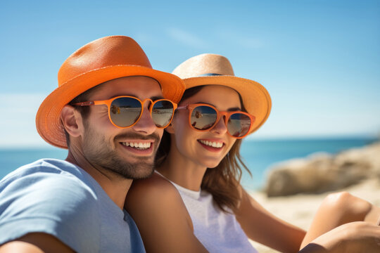 European couple wearing polarizing sunglasses and summer hat