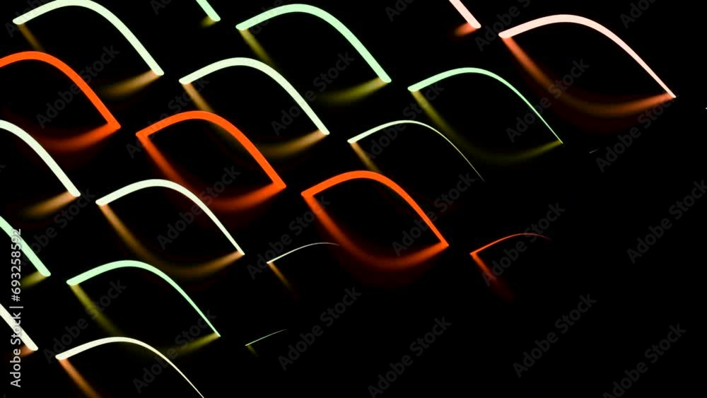 Poster lines with reflection disappear into dark space. design. colored lines disappear in waves into dark 