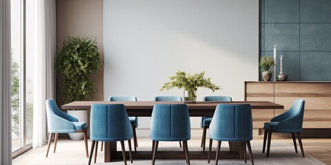 Modern dining room with blue fabric chairs and dining table against beige wall. Home design. ing.