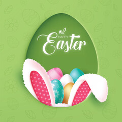 Happy easter text vector design. Happy easter greeting card with bunny ears and colorful eggs in egg shell shape concept in green color pattern background. Vector illustration easter egg hunt holiday 