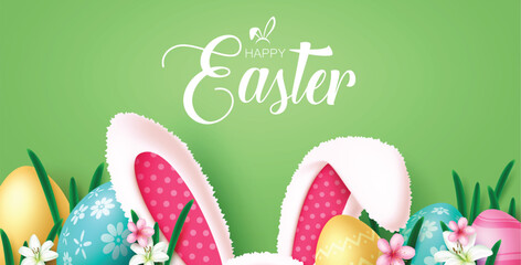 Happy easter text vector banner design. Happy easter greeting card with bunny ears and colorful eggs decoration elements for holiday season celebration background. Vector illustration easter egg hunt 