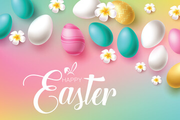 Happy easter text greeting vector design. Easter eggs hunt greeting card with color pastel egg elements decoration for holiday season background. Vector illustration easter egg greeting card. 

