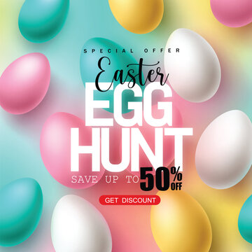 Easter sale text vector banner design. Easter egg hunt special offer 50% off discount for holiday season promotion with color pastel eggs elements. Vector illustration easter egg promo sale banner.
