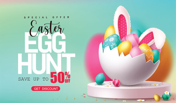 Easter sale podium vector banner. Easter egg hunt with shell crack full of colorful eggs and bunny ears decoration elements for shopping promo discount offer banner. Vector illustration easter sale 