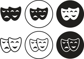 Black Flat Theatrical mask icons Set. Theater, theatre mask signs. Happy and unhappy traditional symbols of theaters. Comedy and tragedy mask symbols editable stock on transparent background.