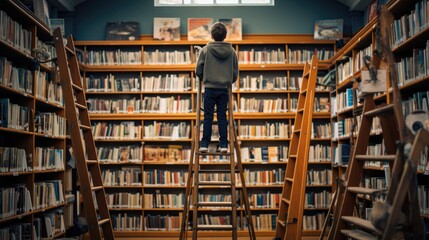 portrait of small schoolboy in librabry with ladder looking for books