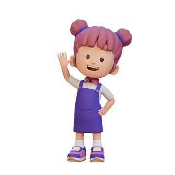 3D girl character waving hand with cute happy face