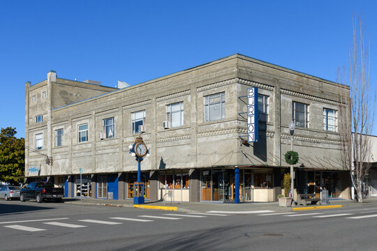 Anacortes, WA, USA - January 29, 2023; Historic Burton Jewelers a concrete building in downtown Anacortes