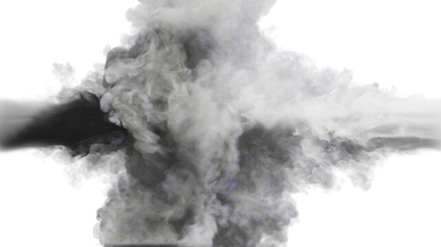 Puffs of white and grey smoke collide against a white background. 3d illustration. 