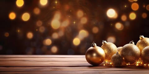 Christmas decoration with golden light effects and empty wooden table on a festive dark background.