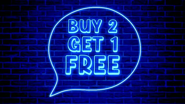 Neon Light buy 2 get 1 free modern banner animation motion graphics on brick wall background.Discount offer price sign symbol.