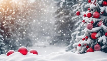 Naklejka na ściany i meble A snowy scene with a Christmas tree covered in ornaments