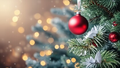Obraz na płótnie Canvas A Christmas tree with a red ornament and white snowflakes