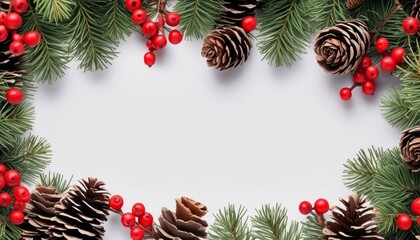 A white background with a wreath of pine cones and berries