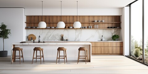 Contemporary kitchen with white furniture, wood accents, and marble surfaces. - obrazy, fototapety, plakaty