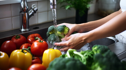 close-up of woman's hands washing fresh vegetables with water in the kitchen sink.new harvest,...