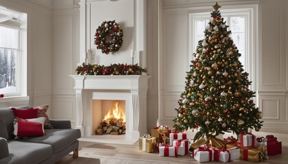 A cozy living room with a fireplace and Christmas tree