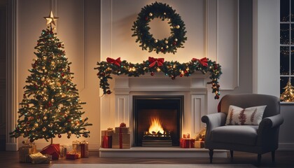 A cozy Christmas scene with a fireplace, two trees, and a chair