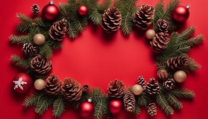 Fototapeta premium A red background with a wreath of pine cones and ornaments
