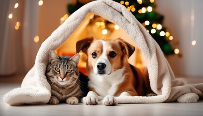 A cat and dog sit together under a Christmas tree