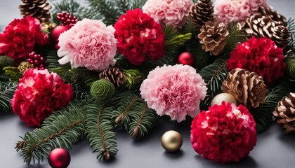 A beautiful arrangement of red flowers and pine cones
