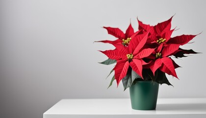 A red poinsettia plant in a green pot