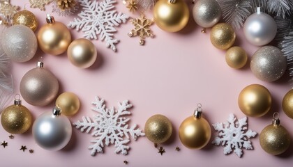 A row of Christmas ornaments including gold, silver, and white