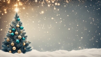 Fototapeta na wymiar A blue and gold Christmas tree in a snowy field