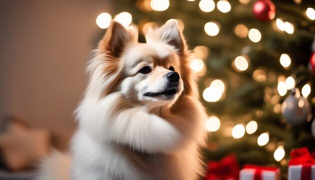 A white dog is sitting in front of a Christmas tree