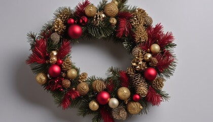 Fototapeta na wymiar A wreath with gold, red and green ornaments