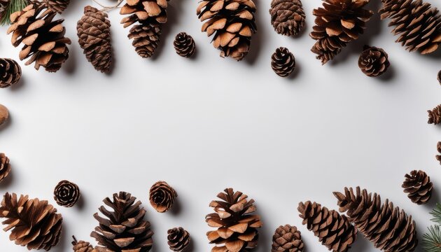 A white background with pine cones arranged in a circle