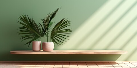  of empty interior design concept with palm leaves shadow, using wooden table against green stucco wall and window light. Product presentation mock up.