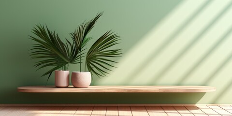 Obraz premium of empty interior design concept with palm leaves shadow, using wooden table against green stucco wall and window light. Product presentation mock up.