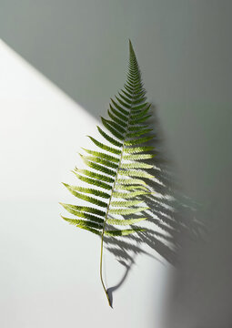 Native fern on a white background, with sunlight pouring onto the fern leaves, in very high resolution