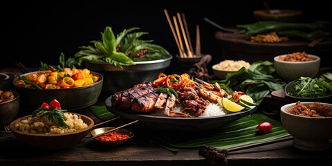 Delicious Thai cuisine with a variety of mixed selections, served on a dark wooden table. - obrazy, fototapety, plakaty