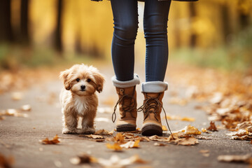 Capture an endearing scene with a low section view of a woman standing on a footpath with her puppy. - Powered by Adobe