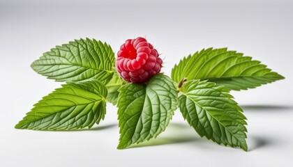 A red raspberry on a leafy plant