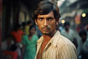 Fashionable Indian man in 1970s on city street - obrazy, fototapety, plakaty