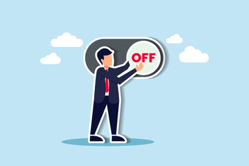 Switch off or turn off setting preference, analytics control panel or power shutdown electricity, saving energy and ecology concept, businessman pushing switch to be off in control panel dashboard.