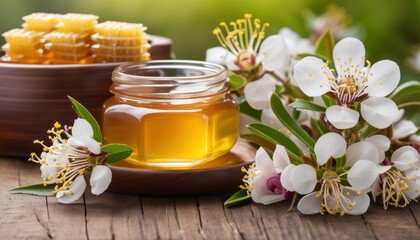 Obraz na płótnie Canvas A jar of honey and a bowl of honeycomb on a wooden table