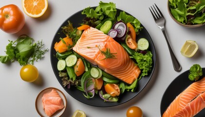 A plate of salmon and vegetables with a fork and knife