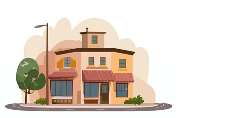 A corner shop storefront with two stories and a tiny roof access with cloudy mesa aesthetic, a tree, and a streetlight