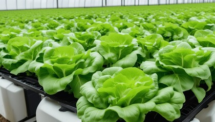 Green lettuce growing in a greenhouse - obrazy, fototapety, plakaty