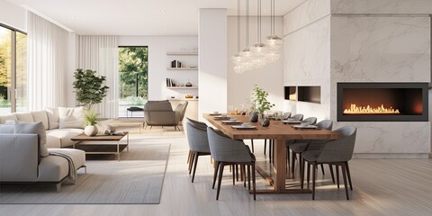 Modern living room with open concept view to dining area, kitchen, and gas fireplace with marble accents.