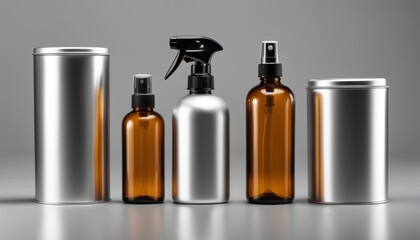 A row of bottles, including a spray bottle, sit on a table - obrazy, fototapety, plakaty