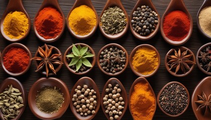 A variety of spices in wooden bowls, including pepper, ginger, and cinnamon