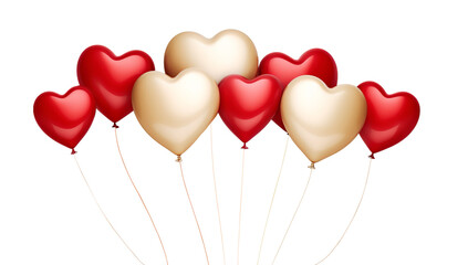 Metallic red and gold heart shape balloons over white transparent background