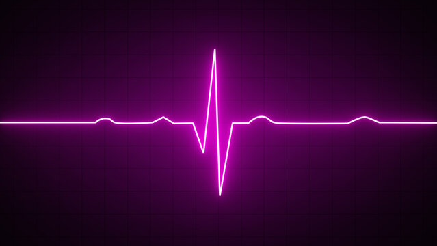 Glowing purple neon heartbeat pulse rate line. Health and Medical concept. EKG Pulse Wave, cardiogram and rhythm