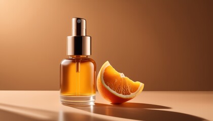 A bottle of essential oil sits next to a slice of orange on a table